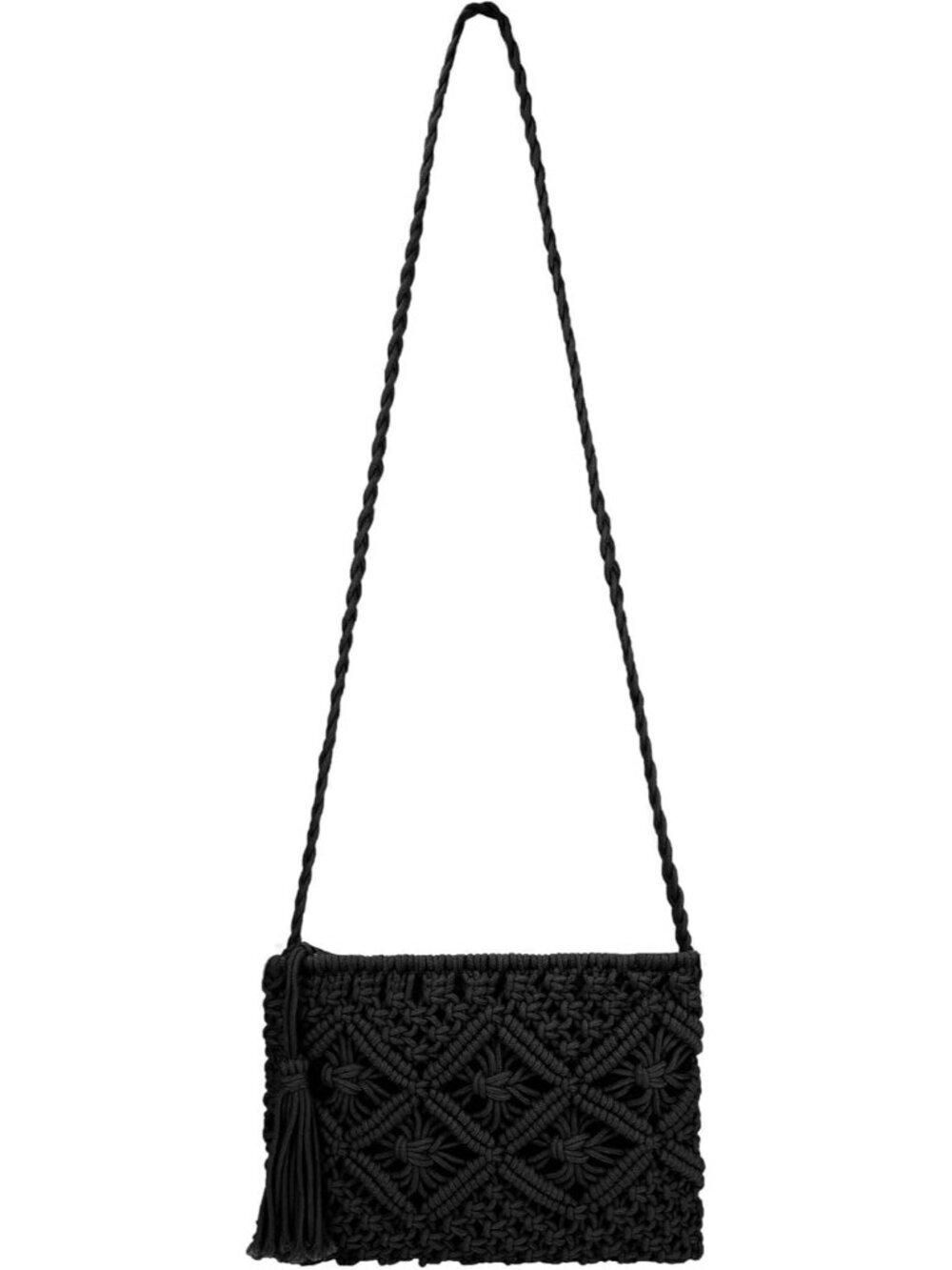 Women's Black Crochet Shoulder Bag Handmade Woven Beach with Tassel for Summer